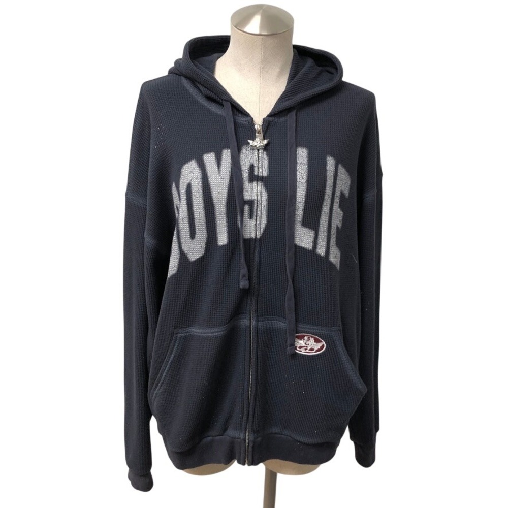 Boys Lie Zip Up Hoodie Womens XS/S Navy Blue Waffle Knit Graphic Logo